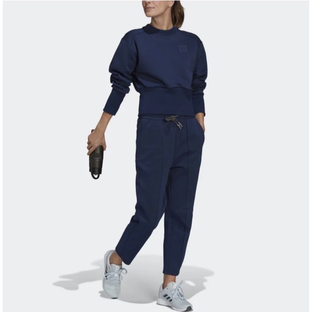 Adidas Karlie Kloss Navy Blue Cropped Sweatshirt Wide Ribbed Hem S - Picture 1 of 11